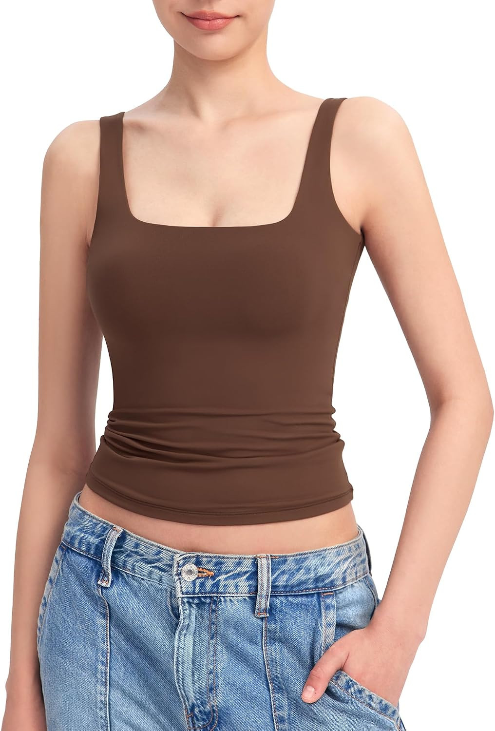 PUMIEY Women's Square Neck Tank Top Sleeveless Double Lined Basic Tops Sharp Collection | Amazon (US)