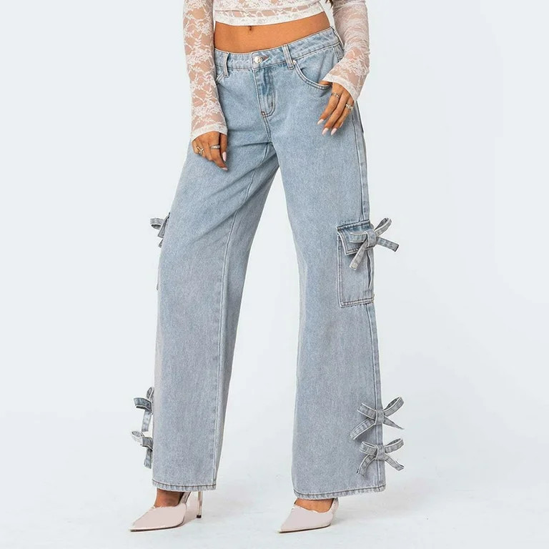 Sokhug Jeans for Women Wide Leg Baggy Jeans Tie Bow Casual Loose Denim Trousers Streetwear | Walmart (US)