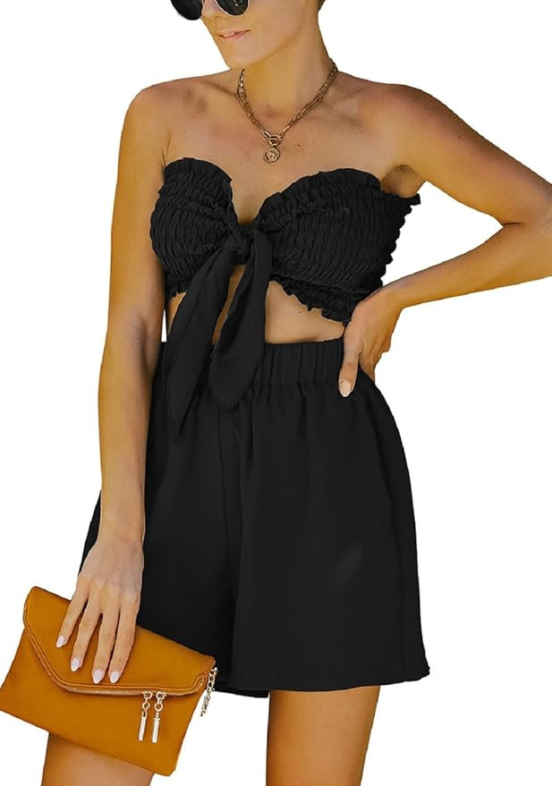 CHARTOU Women's Summer 2 Pieces Ruch Bandeau Crop Top Wide Leg Shorts Outfit Sets | Amazon (US)