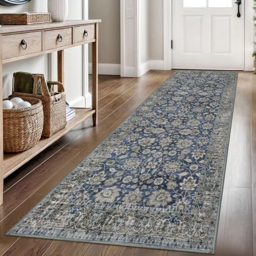 KOZYFLY Vintage Floral Hallway Runner Rug, 2.6x8 Washable Rug Runner Blue | Non-Slip, Non-Sheddin... | Amazon (US)