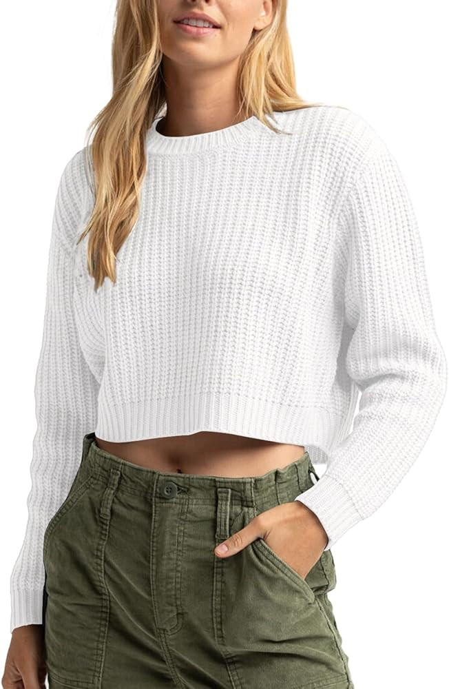 Jumppmile Women's Cropped Sweater Knit Long Sleeve Crewneck Soft Pullover Sweater Top | Amazon (US)