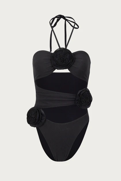 Rose Cut Out One Piece (Faux Suede Black/Black) | SAME
