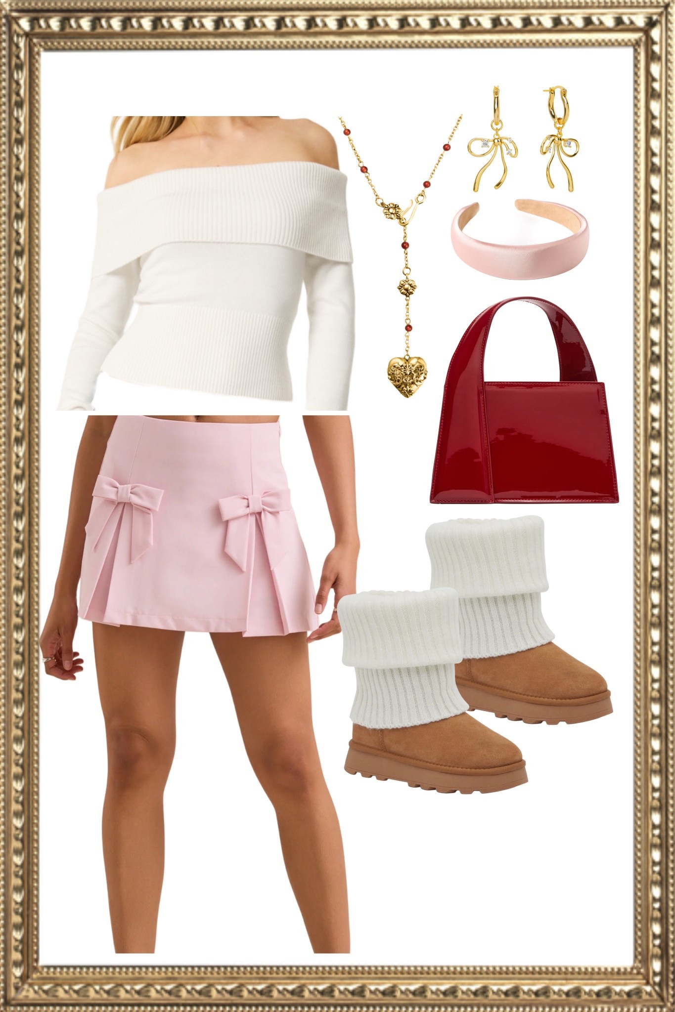 Perfect for a chilly day if you still want to feel cute but causal. An off the shoulder white sweater top paired with an adorable pink skirt decorated with bows. Red, gold, and pink accessories help create a balance of cozy and cutesy. 


#LTKFindsUnder50 #LTKStyleTip #LTKSeasonal