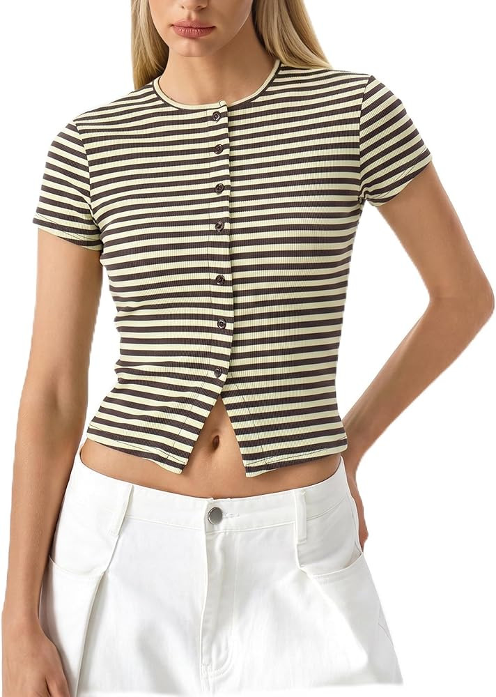 QINSEN Women's Crewneck Short Sleeve T Shirts Ribbed Button Going Out Trendy Tops | Amazon (US)