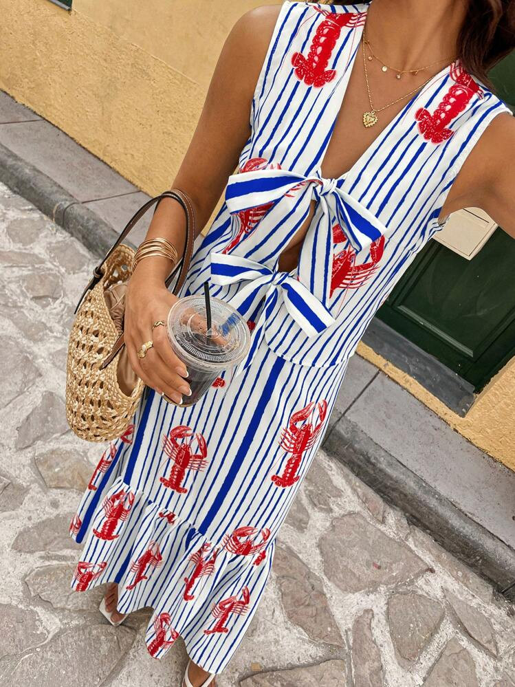 Calvaya Conjunto De 2 Piezas Para Mujer: Top Sin Mangas Con Lazo Y Vestido Largo Con Estampado De Langosta Para El Verano | SHEIN