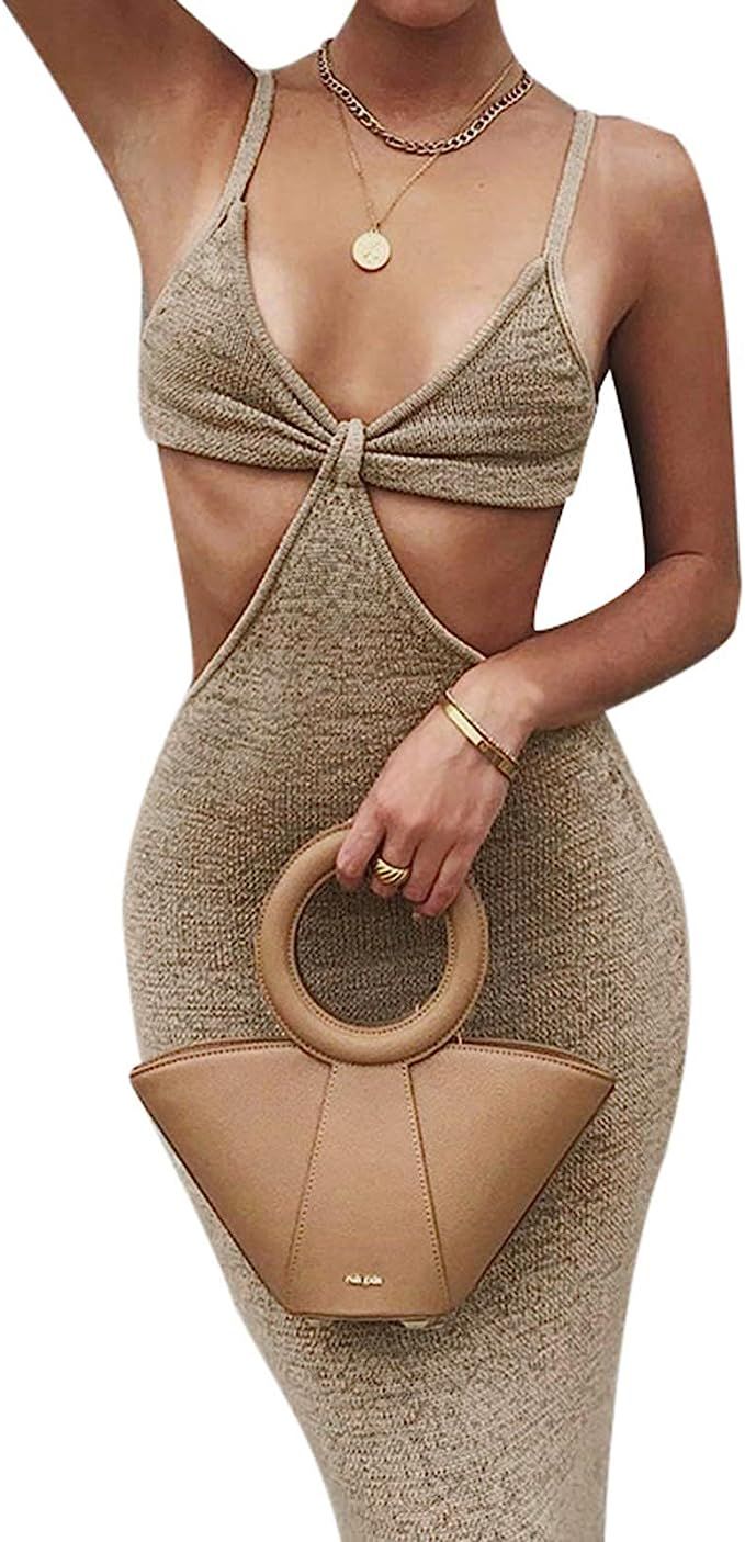 Sexy Women's Spaghetti Strap Cut Out Summer Dress Sleeveless Backless Bodycon Halter Maxi Club Dr... | Amazon (US)