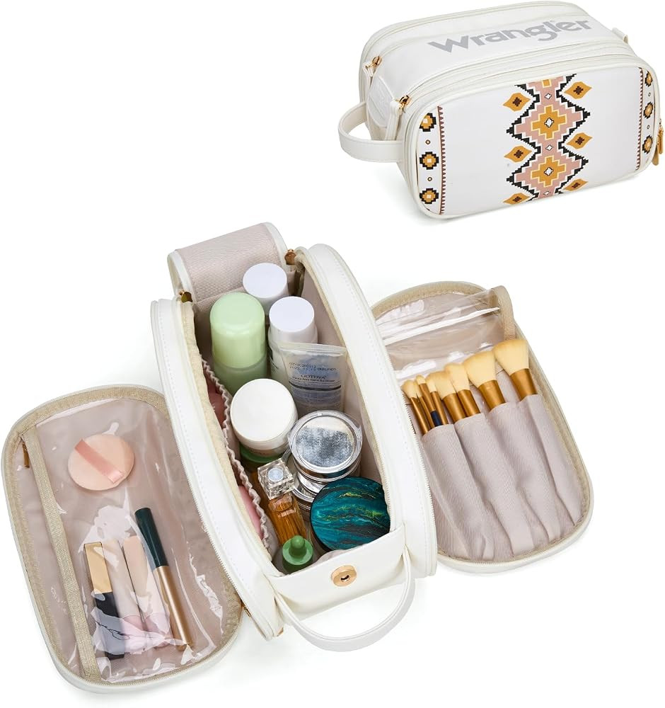 Montana West X Wrangler Large Makeup Bag Travel Toiletry Bag Portable Cosmetic Bag Make Up Organizer with Divider and Handle for Women | Amazon (US)