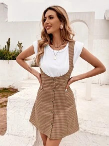 Plaid Button Front Suspender Dress | SHEIN