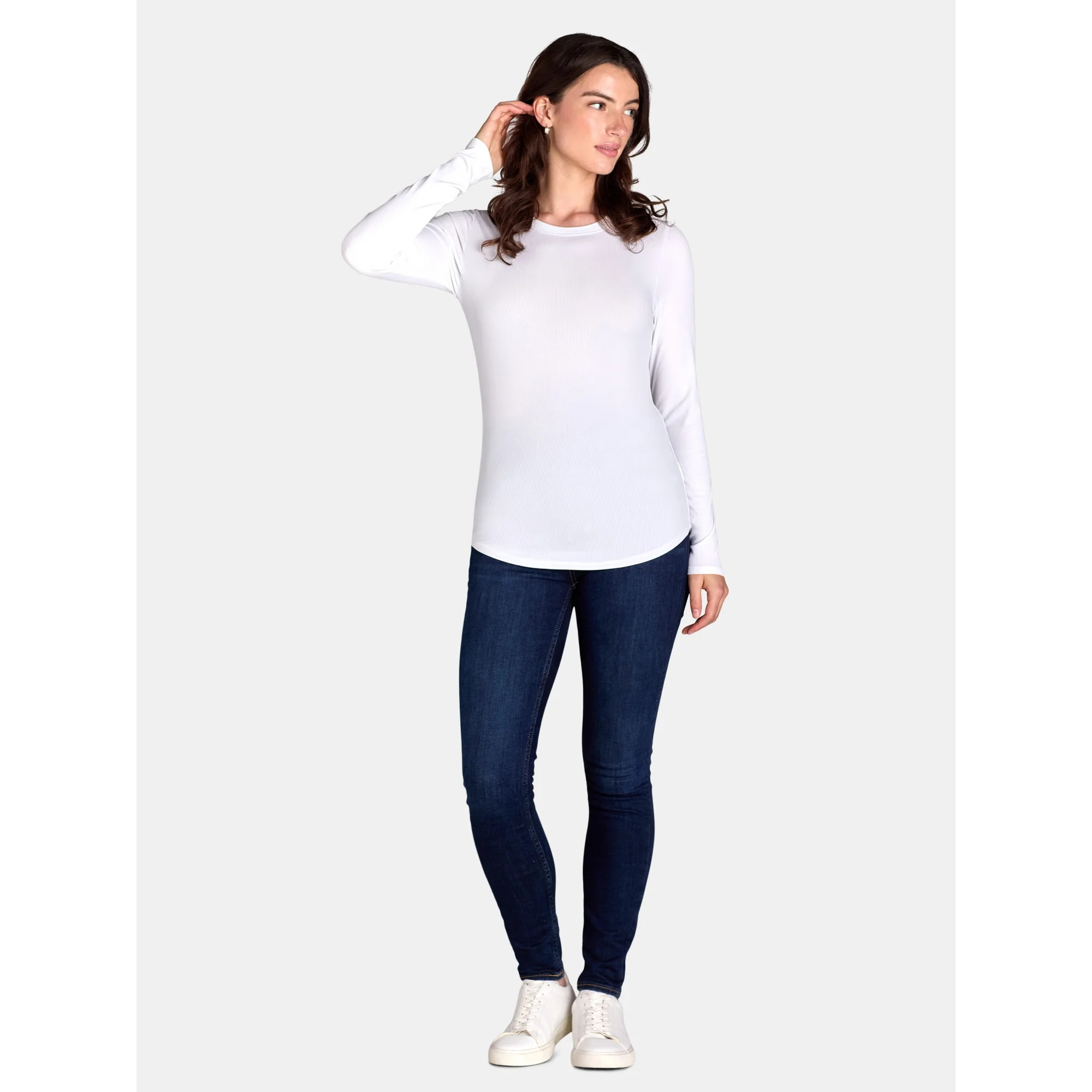 No Boundaries Ribbed Crewneck Tee with Long Sleeves, Women's and Women's Plus | Walmart (US)