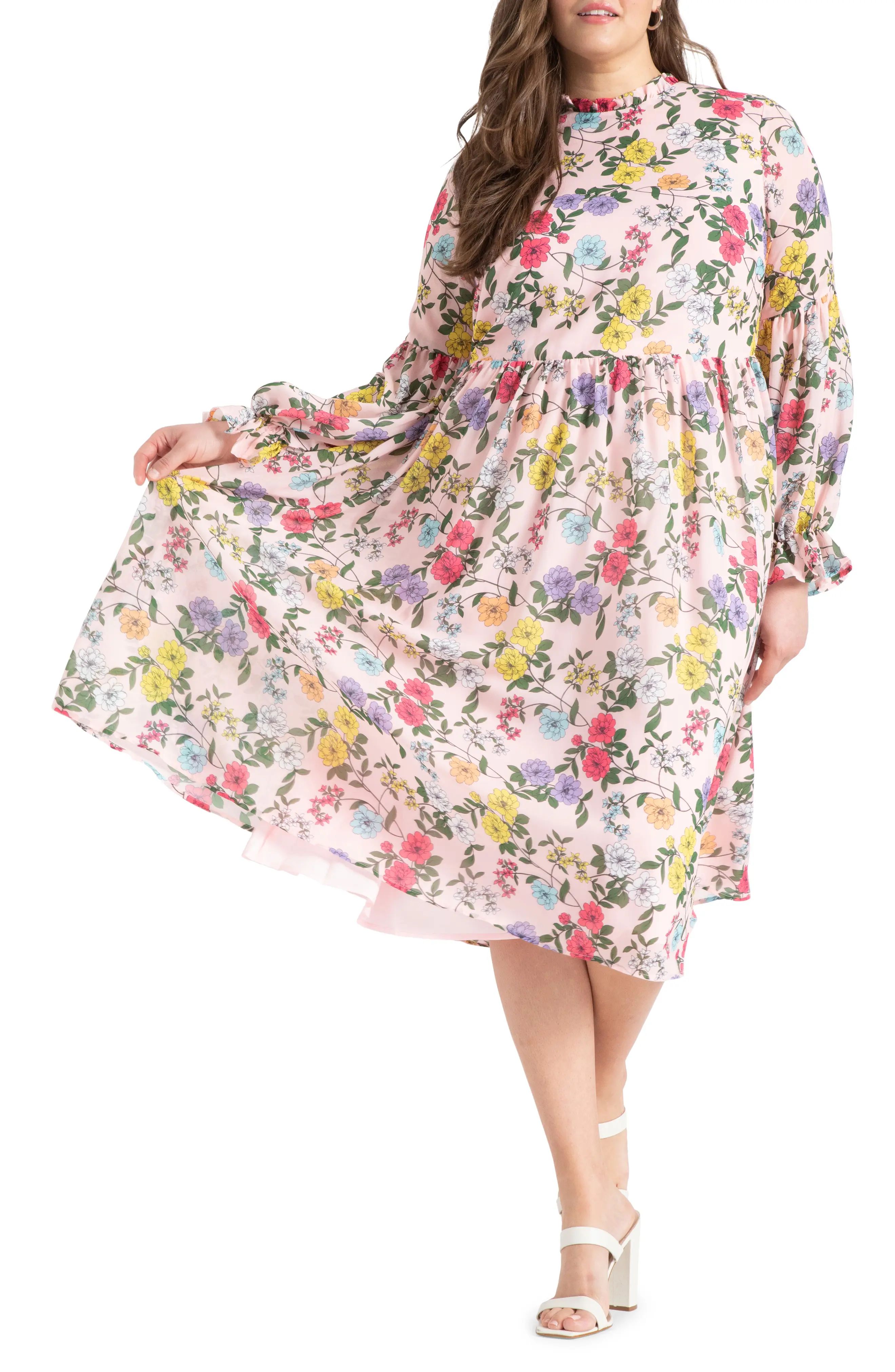 Plus Size Women's Eloquii Floral Print Long Sleeve Midi Dress, Size 28W - Pink | Nordstrom