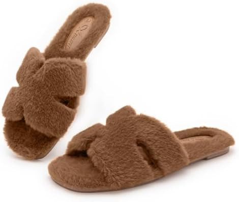 Athlefit Women's Fuzzy Slippers Cute Comfy Fluffy Open Toe Slip-on House Slide Slippers for Indoo... | Amazon (US)