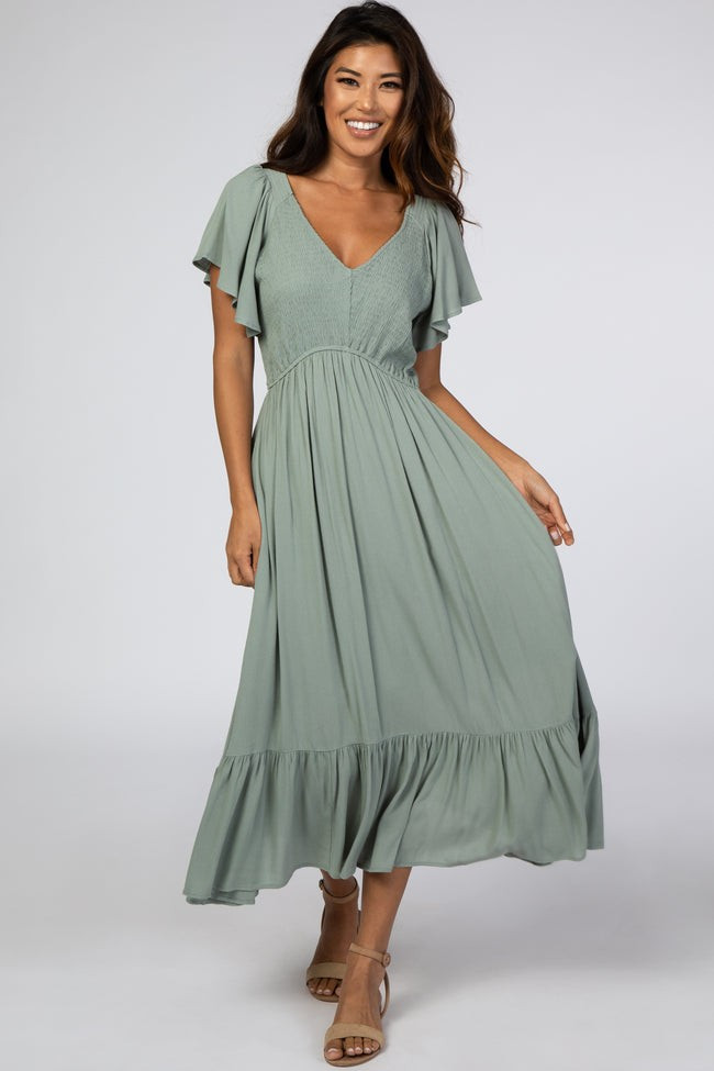 Light Olive Smocked V-Neck Midi Dress | PinkBlush Maternity
