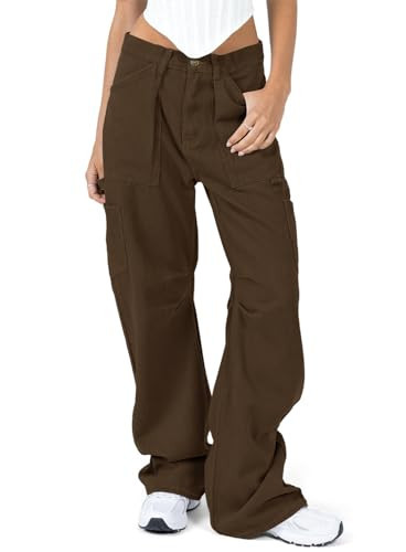 Women Mid Waisted Cargo Pants Wide Leg Casual Pants 6 Pockets Combat Military Trousers 9041 Coffee Brown XS(Long) | Amazon (US)