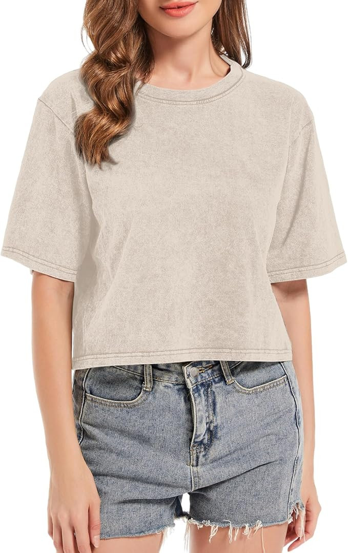 KEEVICI Cropped T Shirts for Women Vintage Baggy Solid Color Basic Tees Acid Wash Cotton Tshirt B... | Amazon (US)