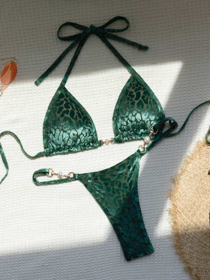 Summer Beach Leopard Jacquard Chain Linked Halter Triangle Bikini Set | SHEIN