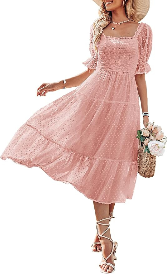 MEROKEETY Women's Summer Square Neck Puff Sleeve Boho Midi Dress Swiss Dot Ruffle Flowy Tie Back ... | Amazon (US)