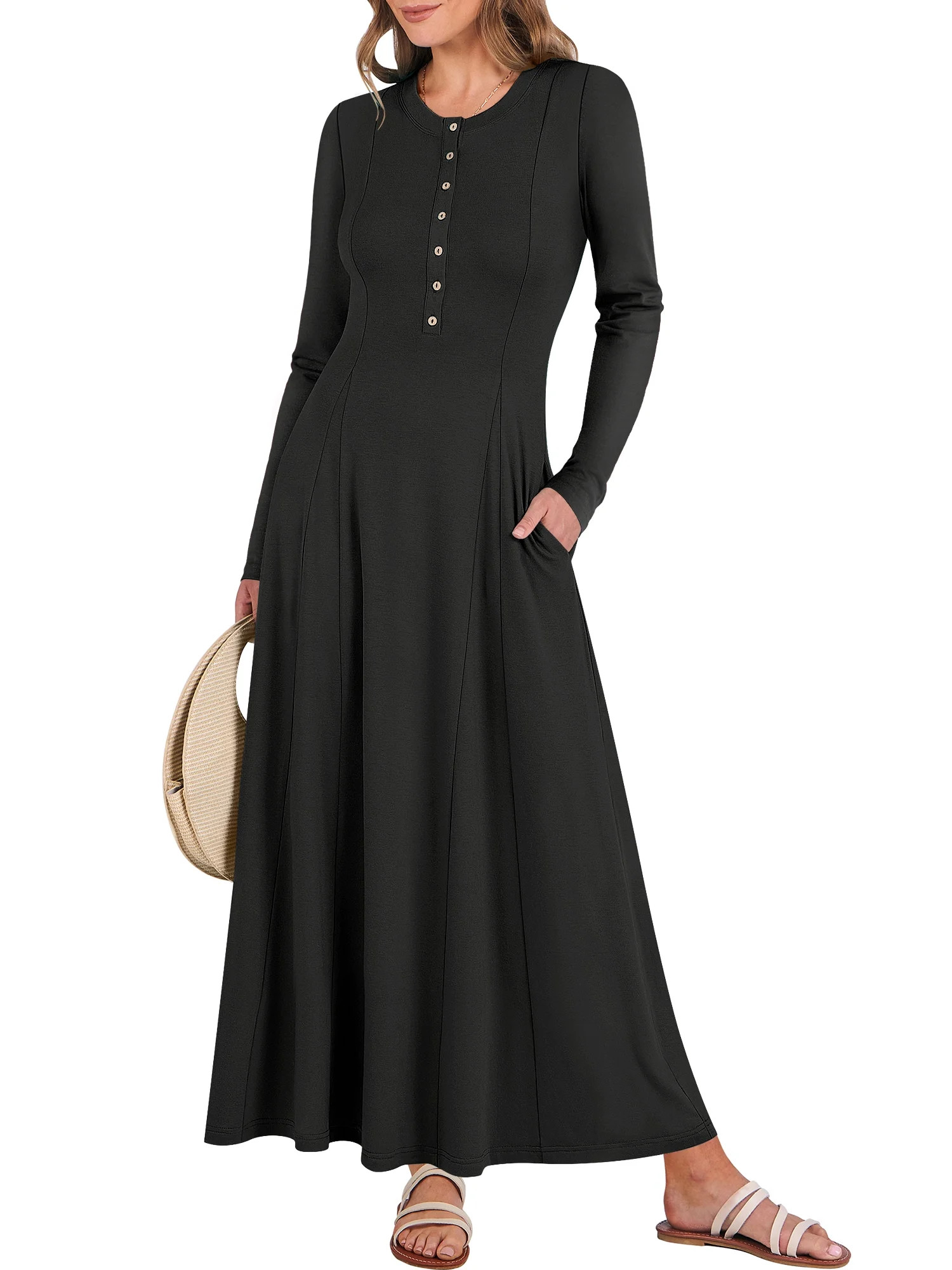 Luniro Women Fall Maxi Dresses Long Sleeve A-Line Flowy Fit & Flare 2025 Buttons Dress with Pocke... | Walmart (US)