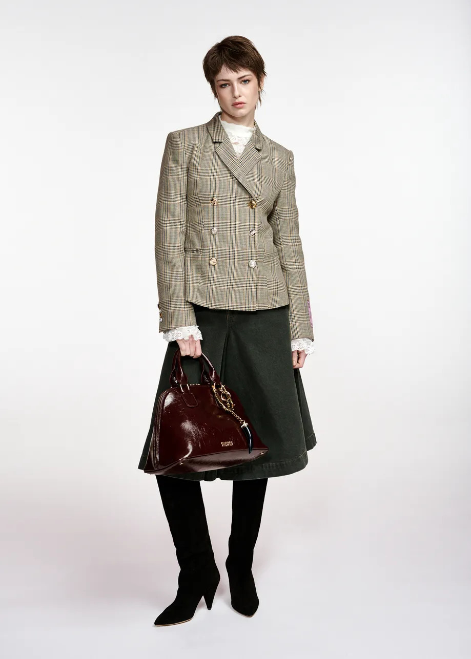Brown, black and cream checked double-breasted fitted blazer | Essentiel Antwerp United Kingdom | Essentiel Antwerp