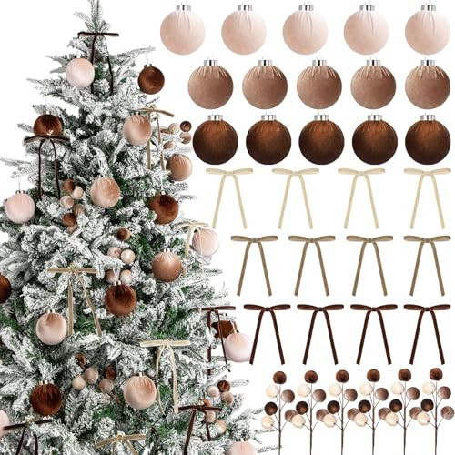 Ouddy Decor 33 Pcs Velvet Christmas Ornaments Set, 3.15 Inch Neutral Christmas Balls Ornaments with Ribbon Bows Spheres Ball Tree Picks for Xmas Wreath Garland Holiday Winter Decor, Brown & Beige | Amazon (US)