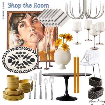 Shop the Room - Dining Room 

Dining decor, dining room decorations, dining room furniture, dining room design, dining room inspo, dining room inspiration, yellow wall art, framed wall art, Anthropologie home, black and white serving tray, mustard yellow dinnerware,
Silverware, silver candlesticks, black dining table, white dining chairs, black napkin rings, rattan napkin rings, mustard taper candles, white vase, Walmart finds, Walmart home, Walmart favorites, Smokey wine glasses, gray chandelier, black and white napkins 

#LTKhome
