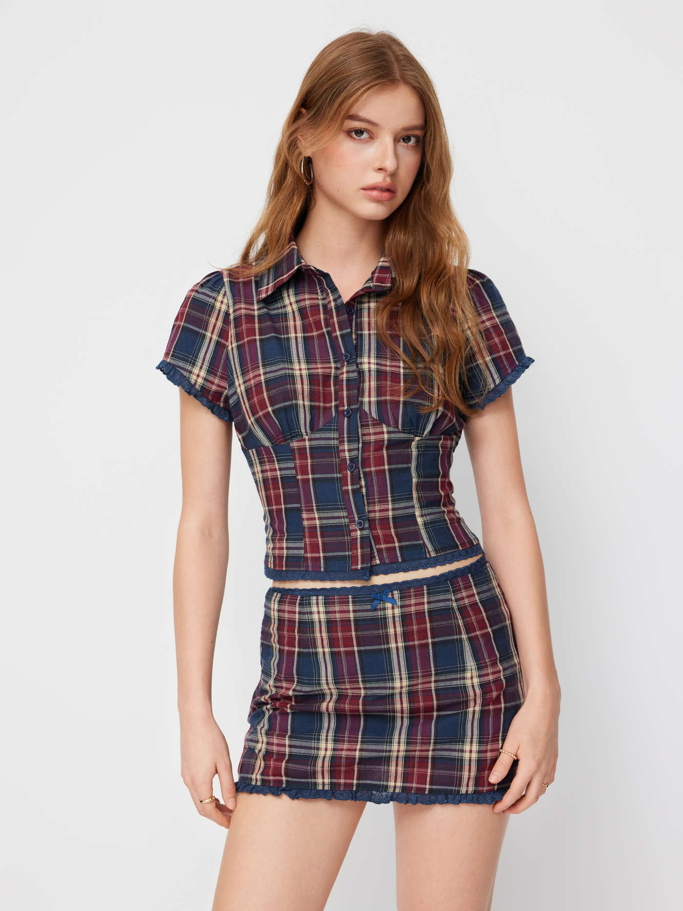 Woven Cotton Plaid Collar Short Sleeve Blouse & Mid Rise Lace Trim Bowknot Mini Skirt Set For Dai... | Cider