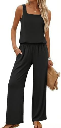 Lepunuo Women Summer 2 Piece Sets Square Neck Sleeveless Crop Tops Wide Leg Pants Matching Sets T... | Amazon (US)
