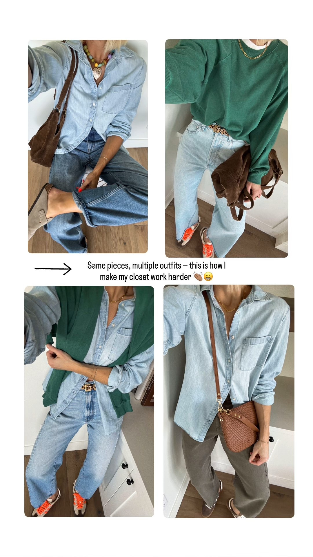How I make my closet work harder = mix n match, versatile pieces that can be worn several ways! 
This cotton denim button-down is one of my most worn tops and it’s currently 50% off — cheapest I’ve ever seen it. I sized up to a large for that perfect drape and no pulling between the buttons, because we all know that that’s a bad look.
Three of my most worn blue jeans, and a flattering twill pair of green pants when I don’t feel like wearing jeans.
All bottoms fit true size, except size down in the lightest wash Citizens pair. 
Green pullover fits tts. Go 1/2 size down in adidas 

#LTKmomlife #LTKOver40 #LTKgrwm