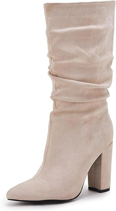 Womens Winter Slouchy High Heel Boots Mid Calf Suede Slip on Chunky Block Pointed Toe Boots | Amazon (US)