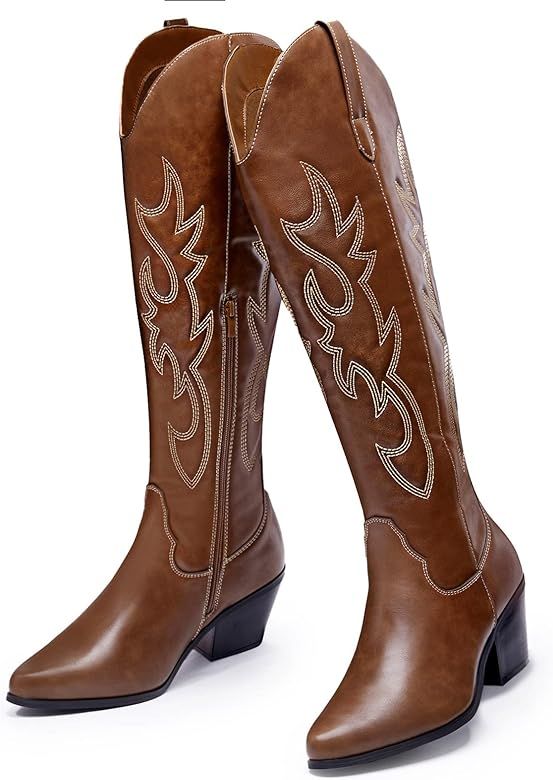 TINSTREE Women's Embroidered Cowboy Boots Western Cowgirl Booties Ladies Point Toe Knee High Boots | Amazon (US)