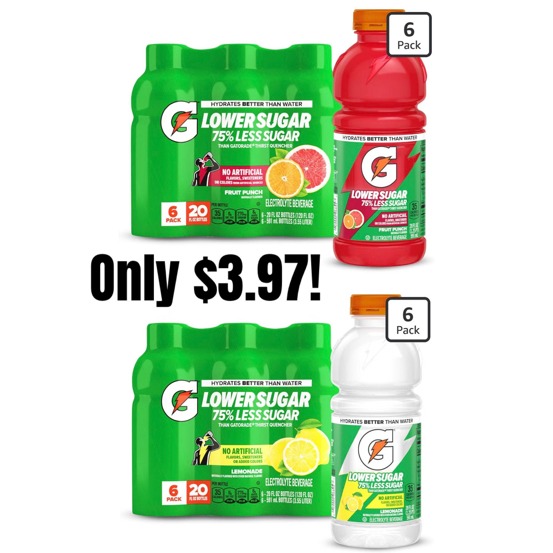 Back on sale! 6 packs of Lower Sugar Lemonade & Fruit Punch Gatorade are only $3.97 today at Amazon!! Excellent deal for a tasty electrolyte option that contains no artificial colors, flavors or sweeteners. Going fast at this price! 🍋

#LTKSaleAlert #LTKActive #LTKselfcare