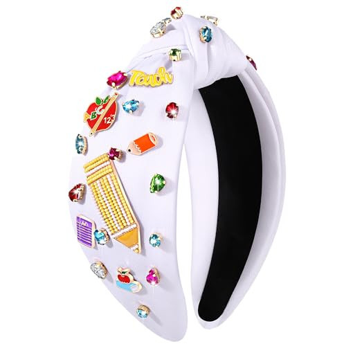 Teacher Accessories: Crystal Pearl Knotted Headband for Women With Book, Pencil, Teach Charms - Jeweled Top Knot Design - Teacher Appreciation Gift (Pattern O) | Amazon (US)