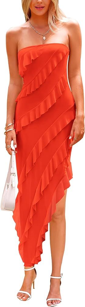 PRETTYGARDEN Womens Strapless Tube Asymmetrical Ruffle Maxi Bodycon Dress | Amazon (US)