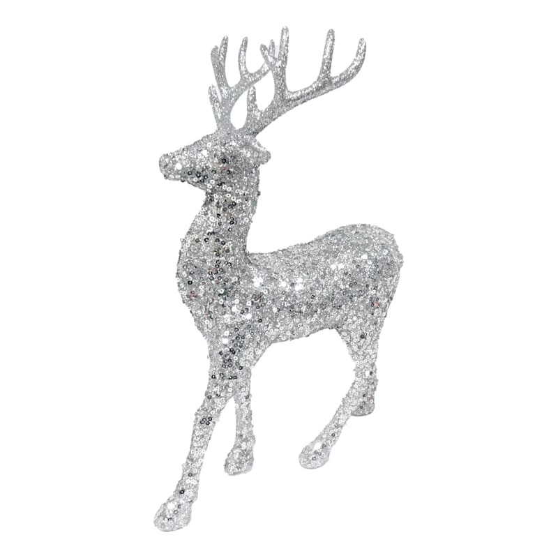 Providence Silver Bead & Sequin Standing Reindeer Decor, 12" | At Home