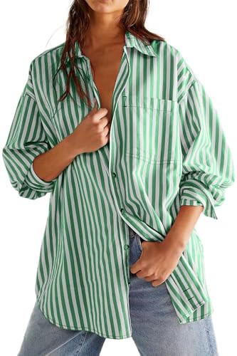 CHYRII Womens Striped Button Down Shirt Casual Long Sleeve Blouse Top | Amazon (US)