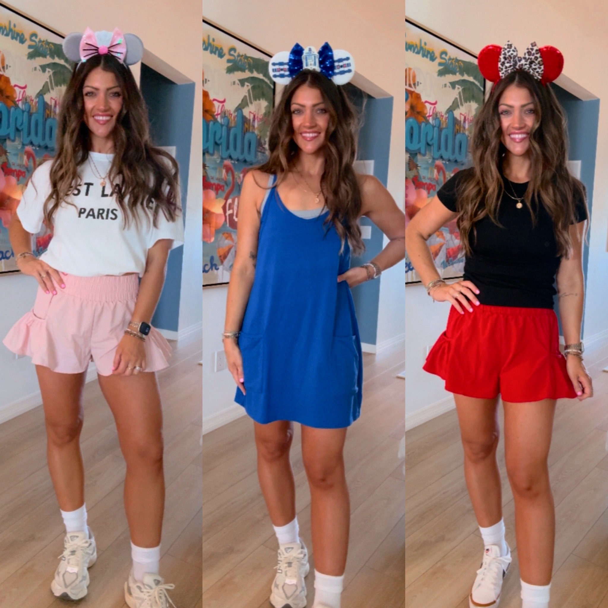 Disney outfit ideas for spring break 🏰 pretty much everything is Amazon! LMK if you want a part 2. ✨ And don’t forget— you can go to my LTK profile and type in “Disney” and sooo many of my outfits over the last year or so will pop up for you to shop from, or just use as inspo with what you may already have! 💕

Here’s a breakdown of sizing in each: *for reference, I’m 5’3.5”, size 2 or small is my true size. If I state TTS (true to size), I’m in my true sizing.. if not, I’ll note it below: 
🧚🏻 Tinker bell for MK: size M tank (I can’t live without these Amazon tanks!) // skort is TTS.
💙 R2-D2 ears with the FP inspired dress for HS is TTS.
🐀 Ratatouille look for EPCOT: size M shorts // S tee (runs oversized!! I tucked mine up into my bra here.. you could cut it, leave it out, or even tie it up in the back with a small, elastic hair tie). 
🐆 AK: same shorts, TTS // and TTS small tee. 

#disneyoutfits #disneymoms #disneymom #springbreak #springbreakflorida #disneyspringbreak #springbreakstyle #disneyoutfit #disneyfit #disneystyle #amazonfinds 

