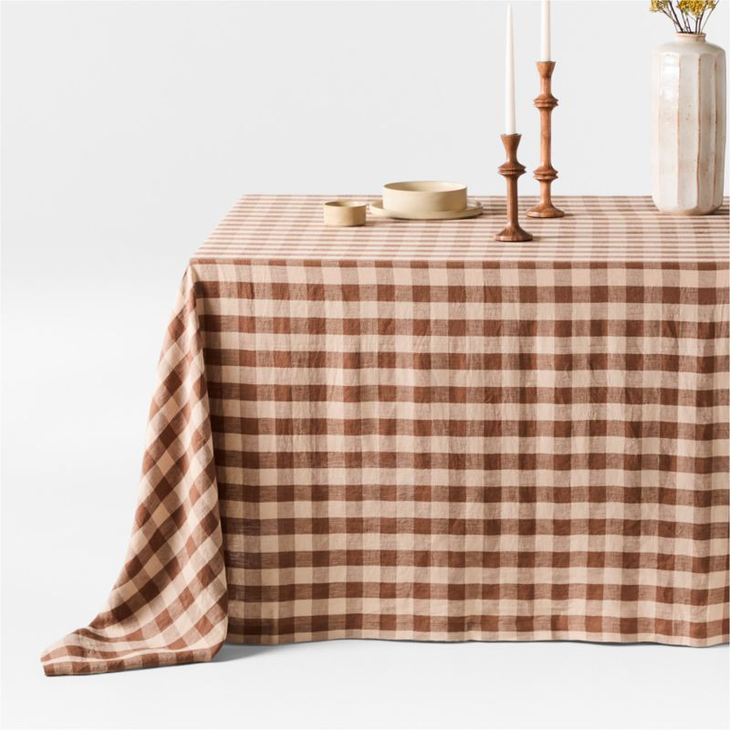 Marin Brown and Natural Buffalo Check Oversized European Flax-Certified Linen Tablecloth + Review... | Crate & Barrel
