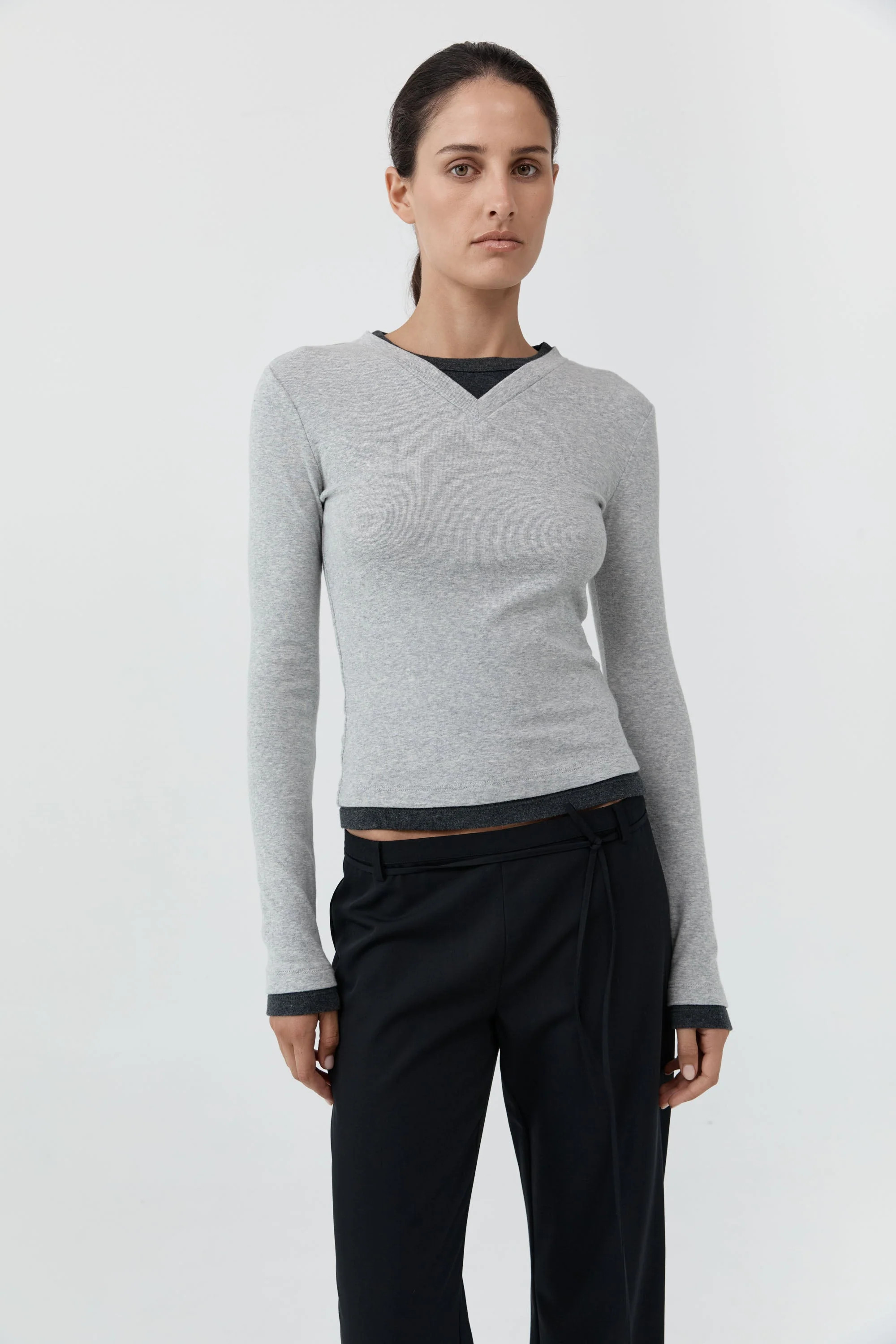 Organic Cotton V Neck Long Sleeve Top - Grey Marle | St. Agni (US, UK, EU)