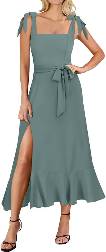 ANRABESS Women's Square Neck Ruffle Split Midi Elegant Formal Wedding Guest Cocktail Bridesmaid G... | Amazon (US)