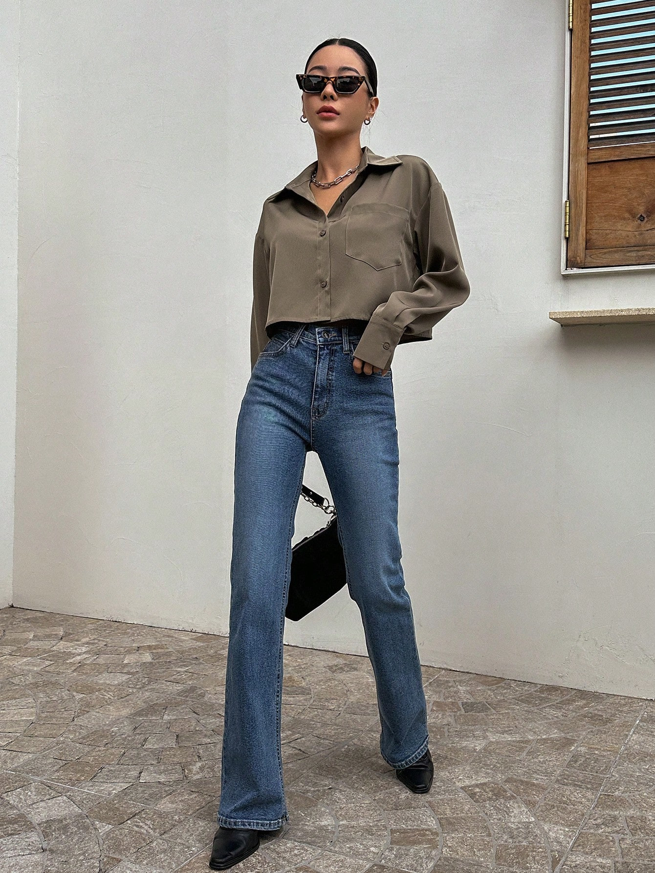 DAZY Solid Button Front Drop Shoulder Crop Shirt | SHEIN