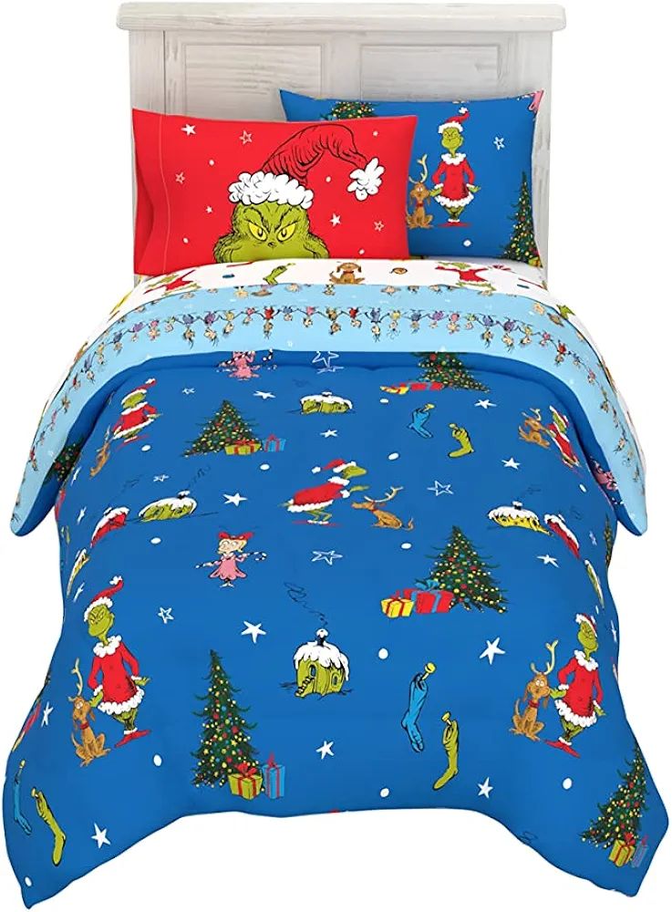 Franco Grinch by Dr. Seuss Holiday & Christmas Bedding Soft Comforter and Sheet Set with Sham, 5 ... | Amazon (US)