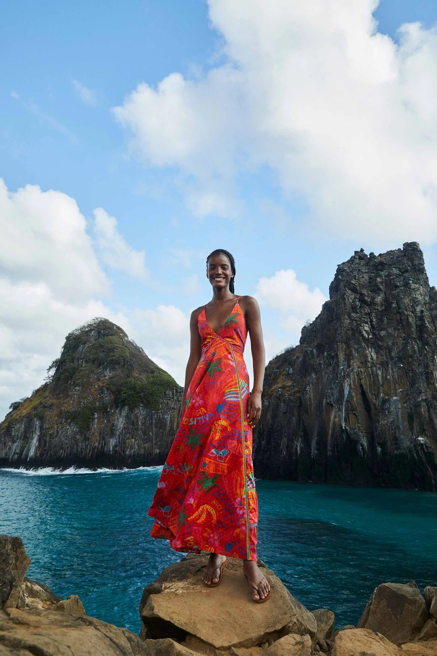 V Neck Maxi Dress | Red Good Vibes Print | FarmRio