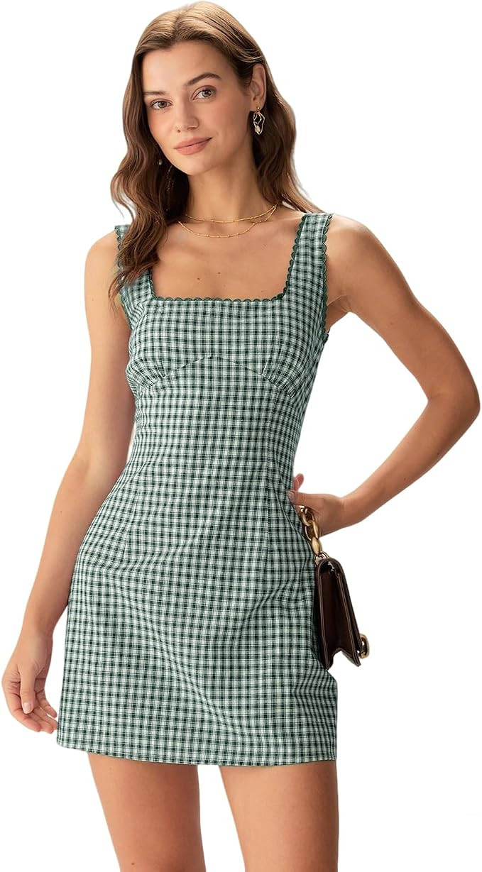 RIHOAS Plaid Gingham Mini Dress, Square Neck Spaghetti Strap A-Line Retro Dress for Fall Summer W... | Amazon (US)
