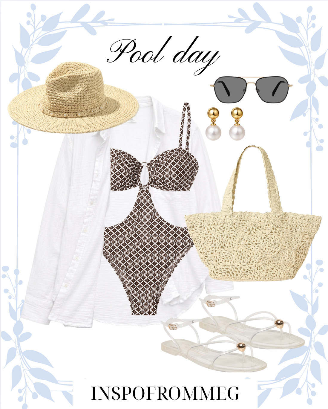 pool day outfit, summer outfit inspo, beach outfit, vacation outfit, resort wear, brown swimsuit, printed swimsuit, one piece swimsuit, feminine swimwear, preppy summer style, coastal grandma outfit, clean girl aesthetic, chic summer outfit, neutral summer outfit, white coverup, linen button down, straw tote bag, woven bag, crochet tote, beach bag essentials, straw hat outfit, wide brim hat, summer accessories, pearl earrings, gold jewelry, sunglasses outfit, clear sandals, neutral sandals, gold detail sandals, poolside style, beach day essentials, summer packing list, vacation wardrobe, minimal chic outfit, target style, amazon finds, affordable fashion, LTK style 

 

#LTKgrwm #LTKootd #LTKSeasonal