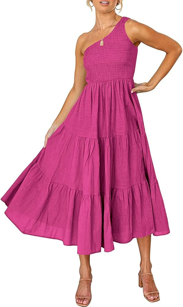 SEBOWEL Women Summer Long Maxi Dress One Shoulder Sleeveless Party Cocktail Dress Smocked Tiered Ruf | Amazon (US)