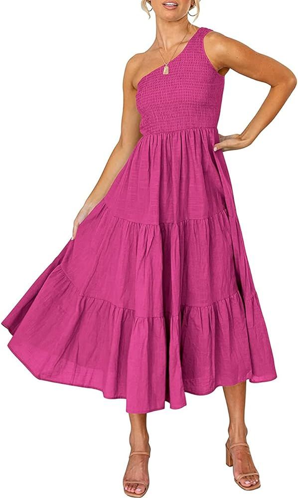 SEBOWEL Women Summer Long Maxi Dress One Shoulder Sleeveless Party Cocktail Dress Smocked Tiered Ruf | Amazon (US)