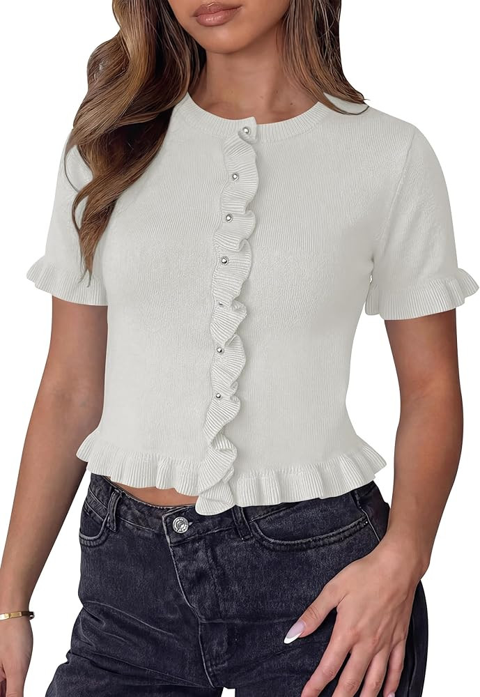 Balimtoy Womens Ruffle Cardigan Short Sleeve Button Down Lightweight Sweater Shirt Cute Summer Kn... | Amazon (US)