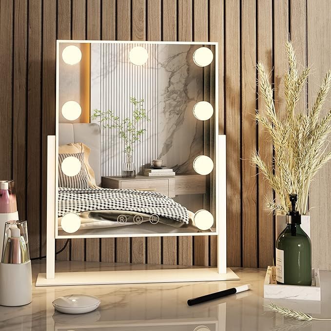 Amazon.com - Hollywood Vanity Mirror with Light,Tabletop Makeup Mirror with 9 LED Lights Smart To... | Amazon (US)