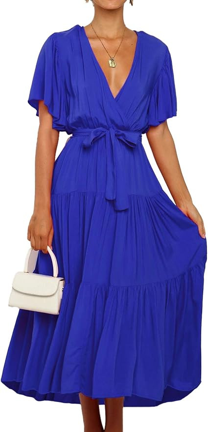 SHIBEVER Women's Summer Dresses, Maxi Dress V Neck Tie Waist Chiffon Ruffle Dress Long Beach Dres... | Amazon (US)