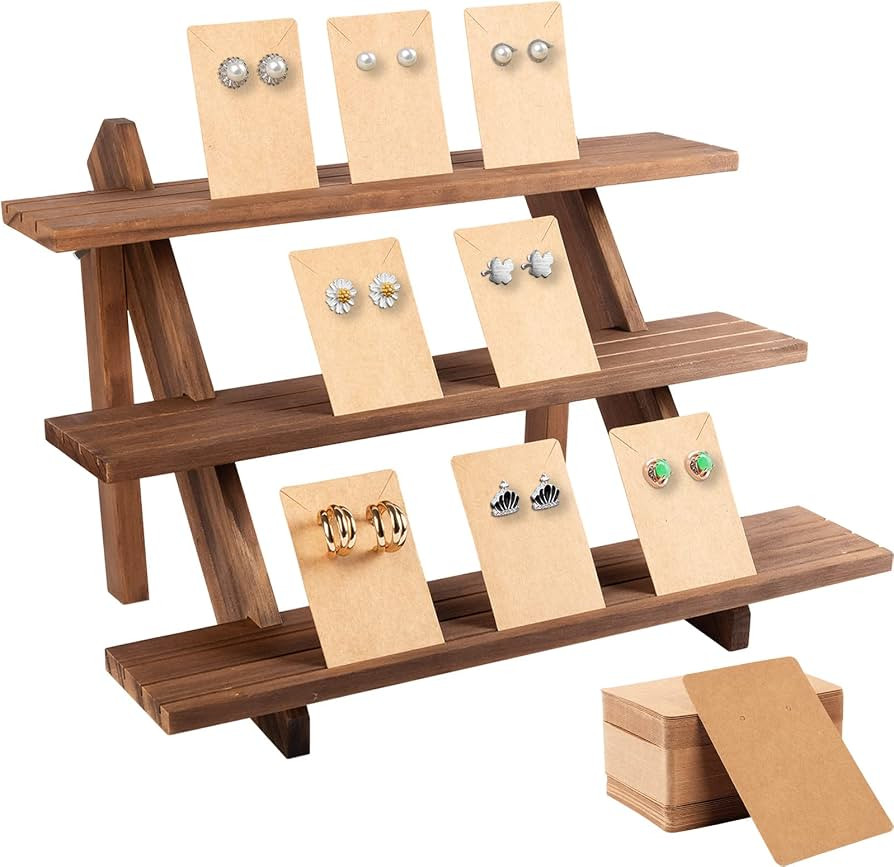 51pcs 3-Tier Wood Earring Display Stand, Retail Jewelry Card Stand with Groove + 50 Cards Portabl... | Amazon (US)