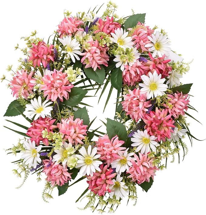 I-GURU Summer Door Wreath 22 Inch, Artificial Spring Green Leaves Wreaths Pink Dahlia & Chrysanth... | Amazon (US)